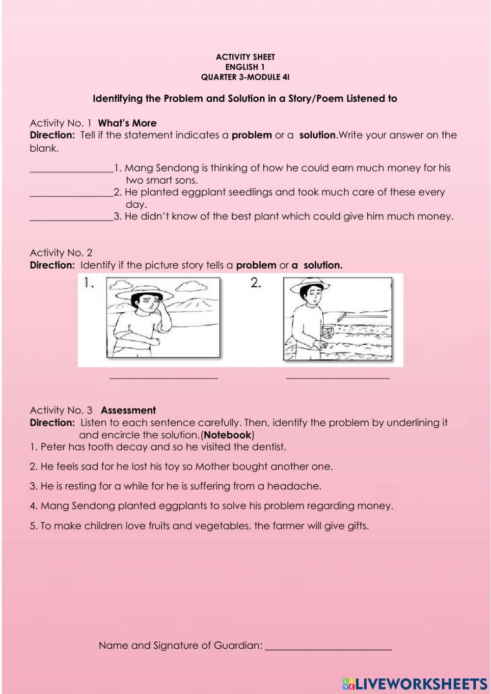 Listening to Short Stories-Poems and Relating Story Events to One’s Experiences   -   Identifying the Problem and Solution in a Story-Poem Listened to