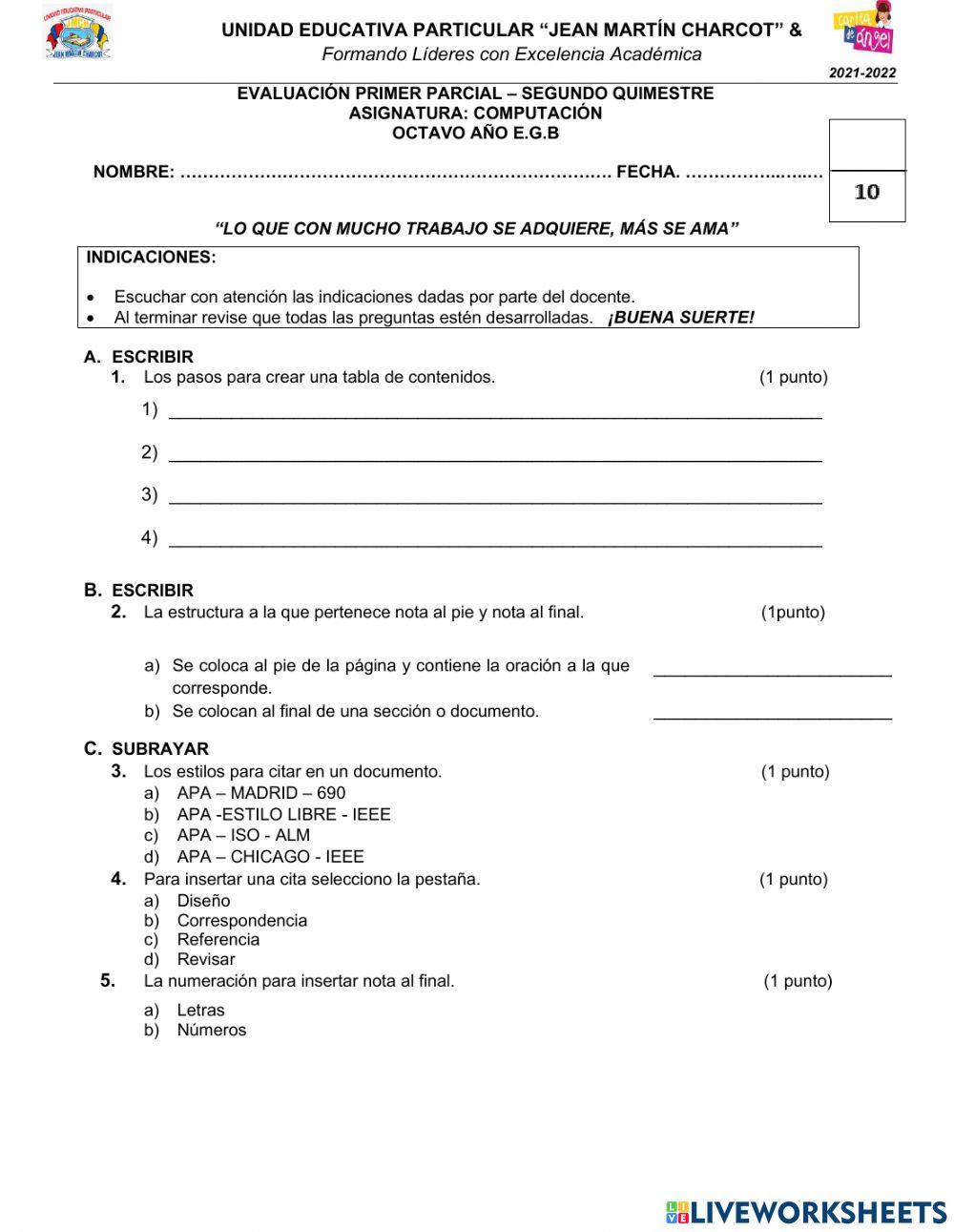 Evaluación de Computación 8vo-2Q