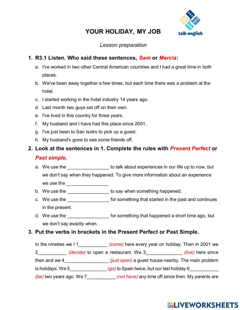 YOUR HOLIDAY, MY JOB Lesson preparation