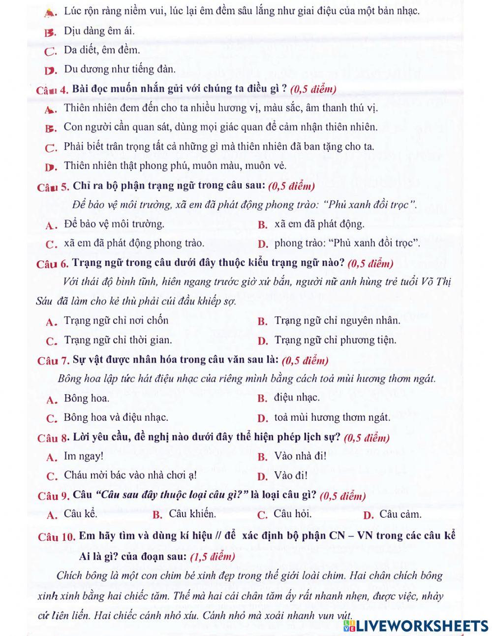 Tiếng Việt 4 - Đề kiểm tra cuối kì số 13