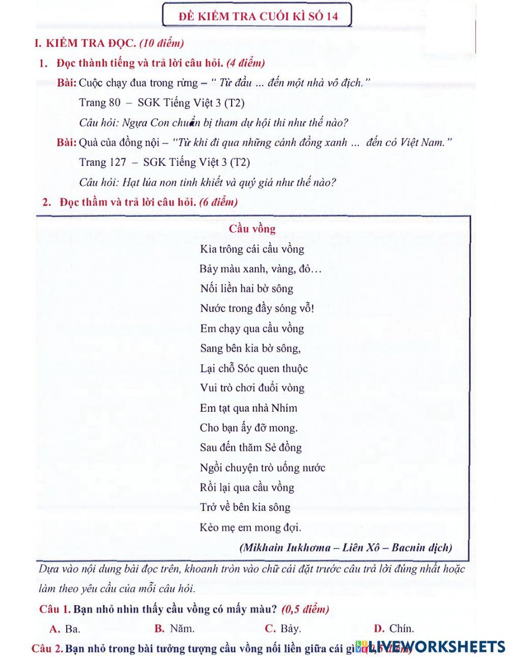 Tiếng Việt 3 - Đề kiểm tra học kì số 14