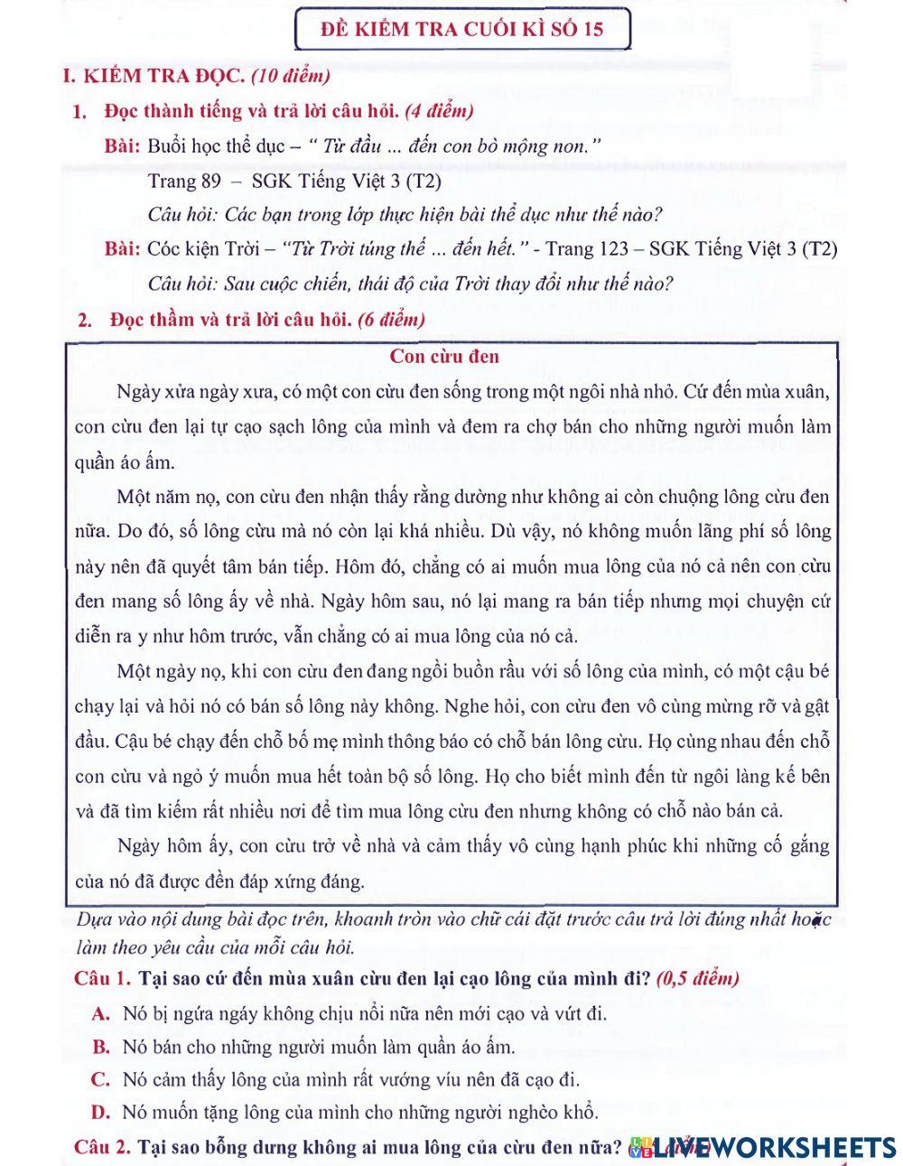 Tiếng Việt 3 - Đề kiểm tra cuối kì số 15