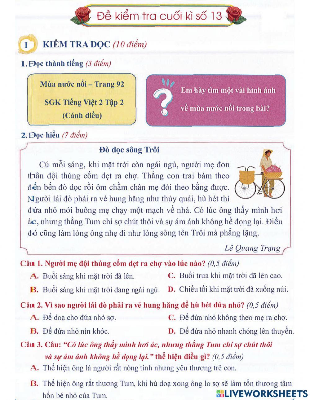 Tiếng Việt 2 - Đề kiểm tra cuối kì số 13