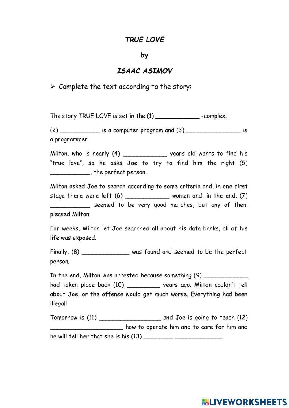 True Love By Isaac Asimov Worksheet Live Worksheets true-love-by-isaac-asimov-worksheet-live-worksheets