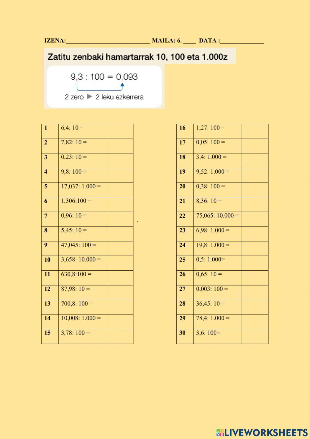 Zatituzenbaki hamartarrak 10,100 eta 1.000z