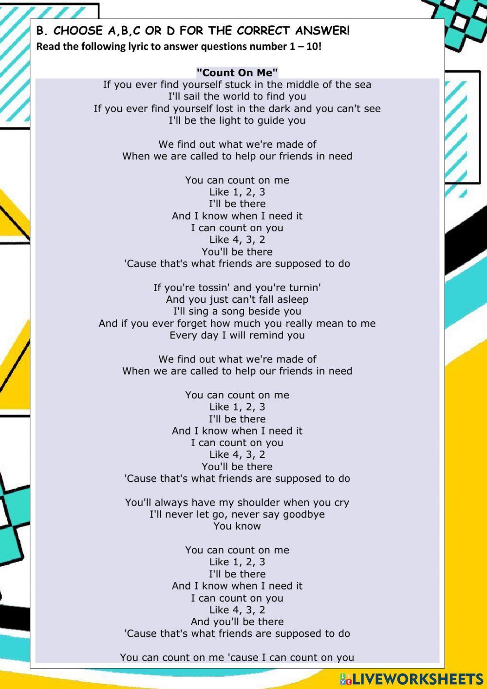 Count on me worksheet (Song)