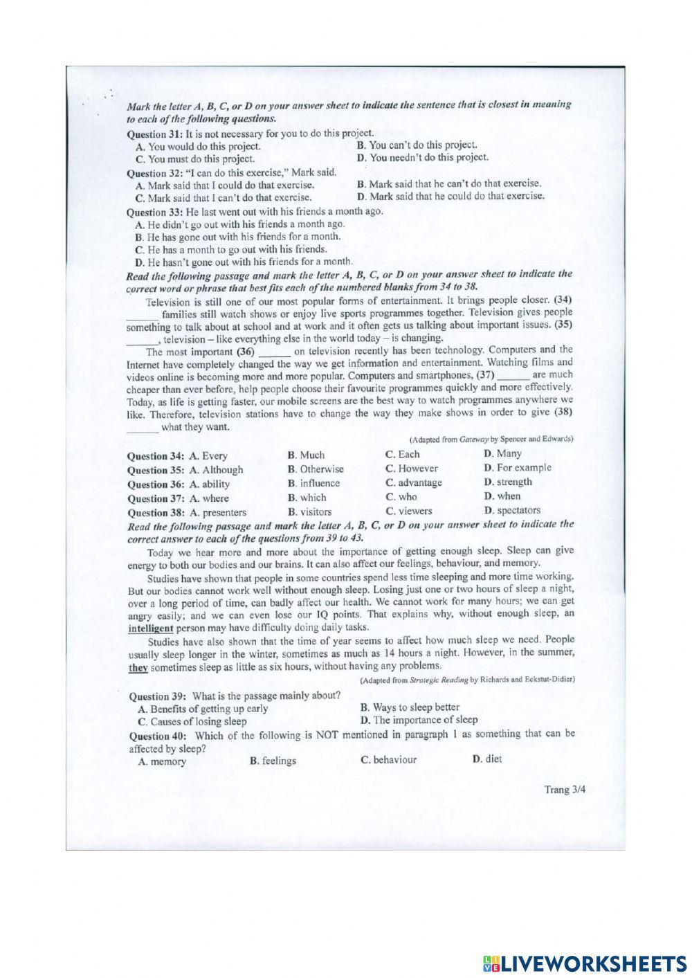 Đề thi tốt nghiệp minh họa  THPT 2022