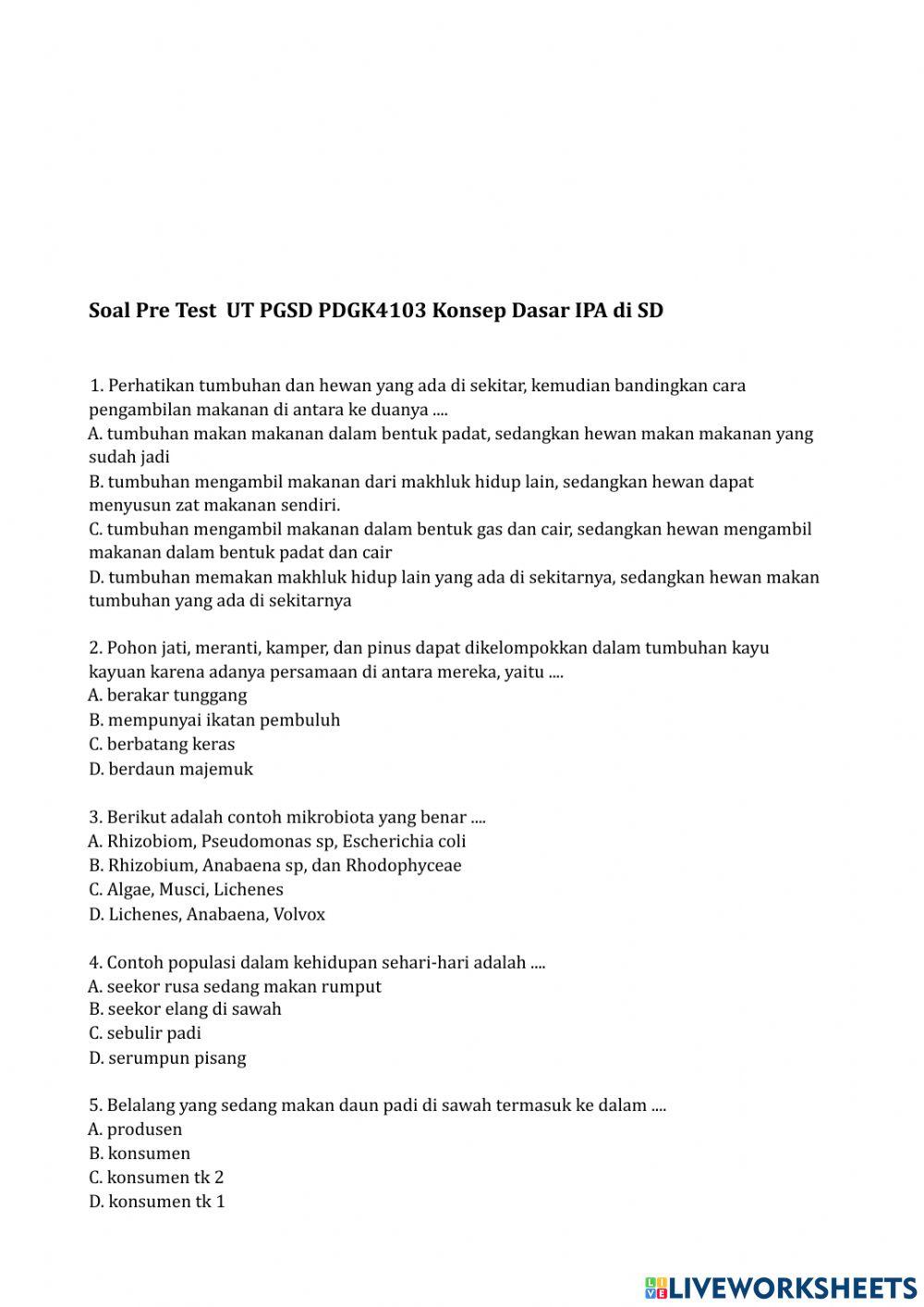 Pre test konsep dasar ipa sd