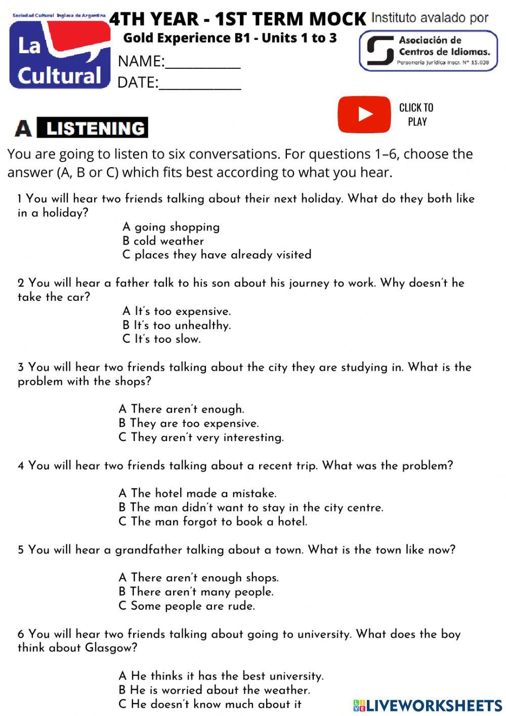 4th Year Mock 1 - Gold Experience B1 (Units 1, 2, 3)
