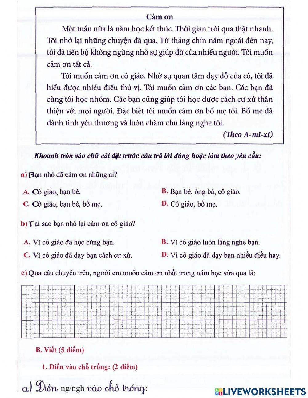 Tiếng Việt 1 - Đề kiểm tra cuối kì số 14