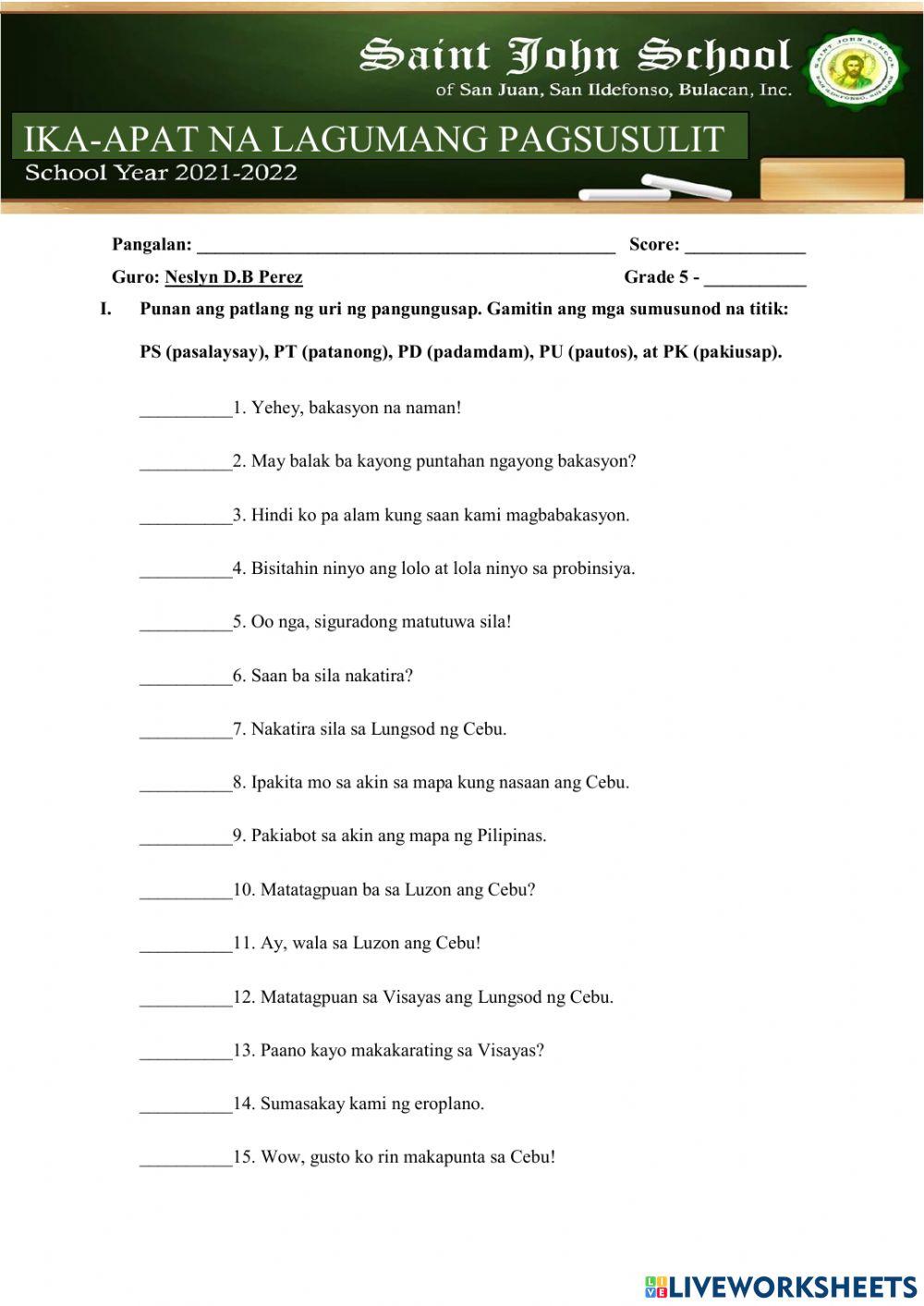 Ika-Apat na Lagumang Pagsusulit sa Filipino 5