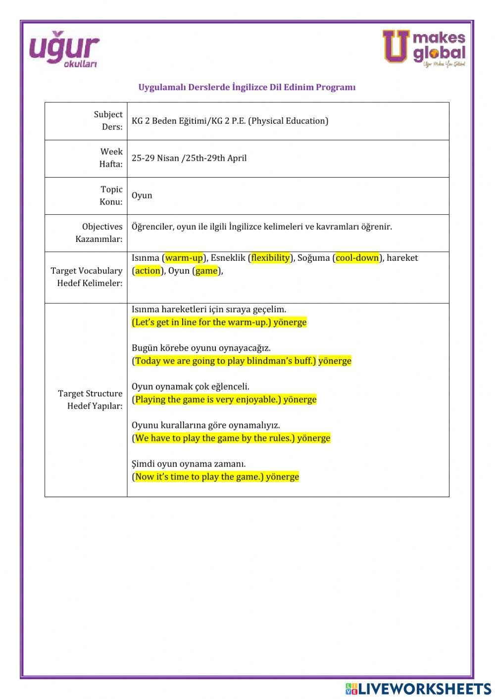 Beden Eğitimi-KG 2-25-29 Nisan