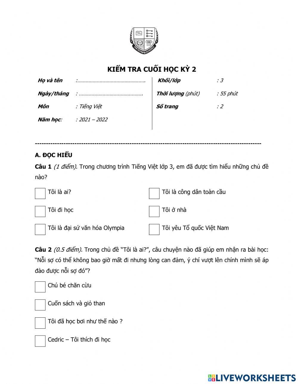 Đề KT cuối học kì - Dành cho Khương Duy