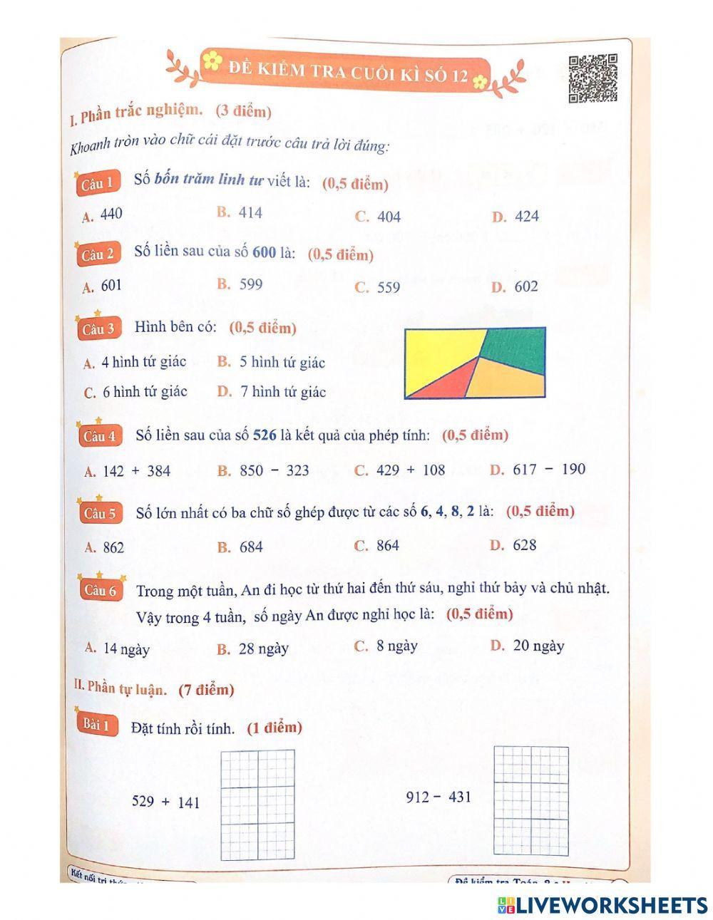 Đề kiểm tra thử cuối kì 2 lớp 2