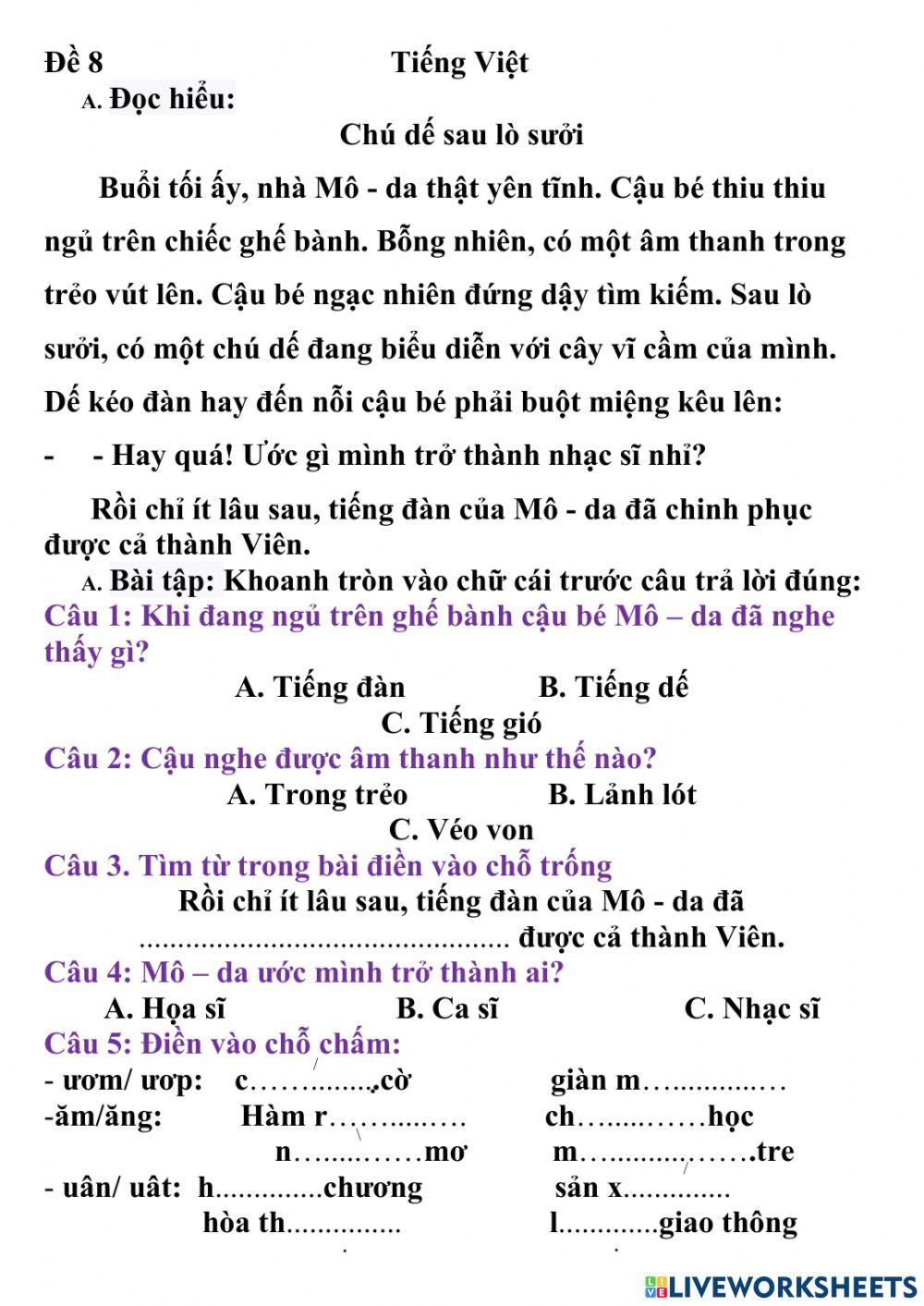 Ôn luyện đọc hiểu tiếng việt