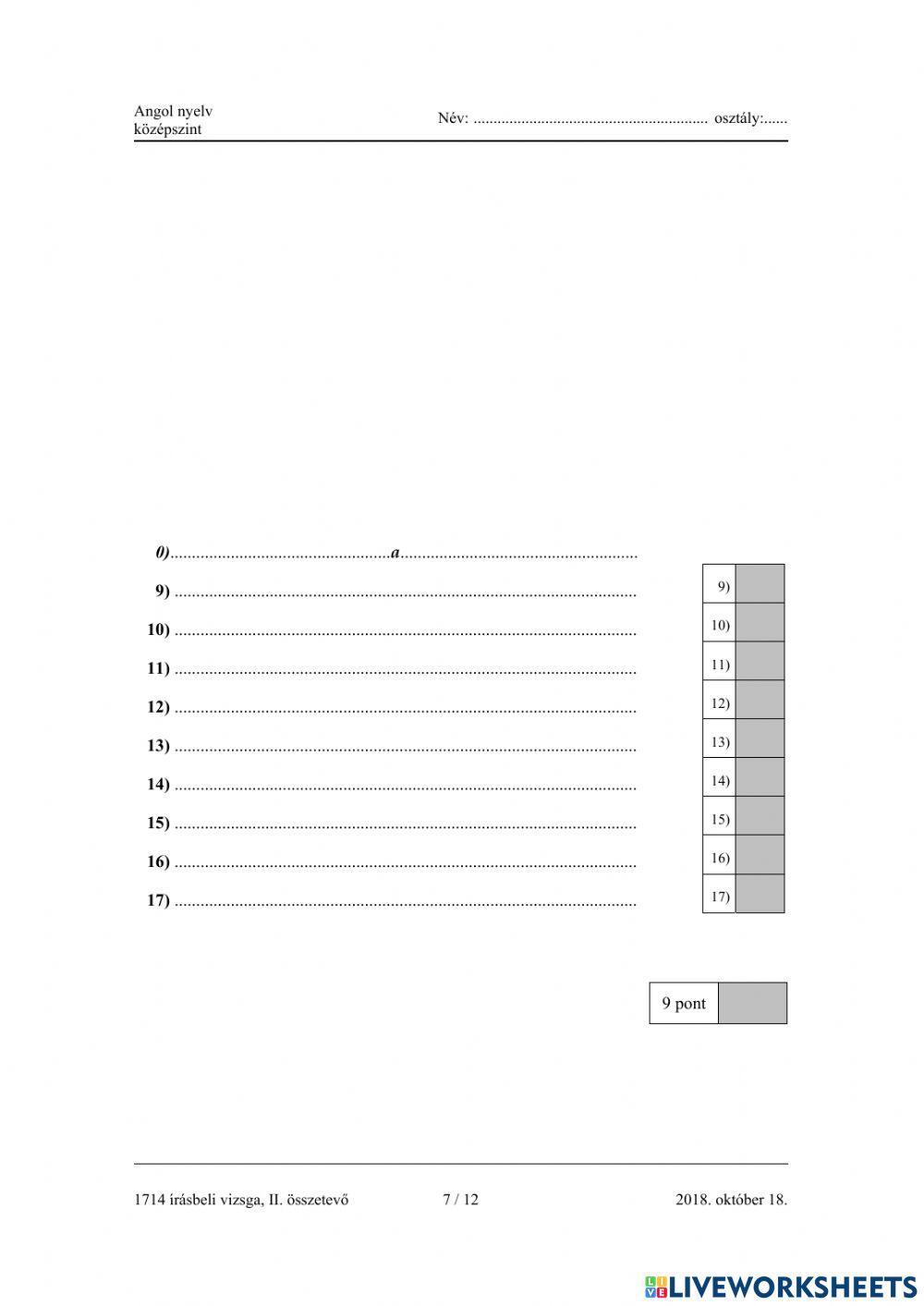 Angol középszint 2018 Október 3 nyelvhelyesség