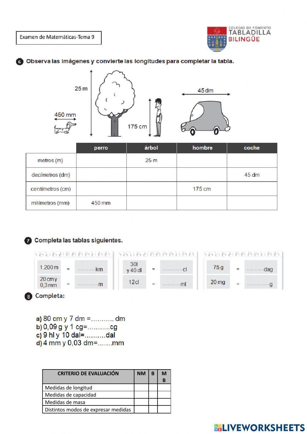 Examen T9 Matemáticas longitudes, capacidades y masas