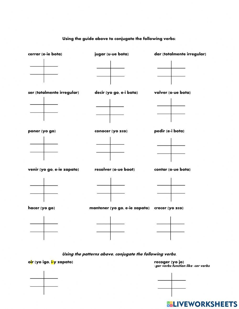 Un guía para ayudar con las conjugaciones de los verbos irregulares.