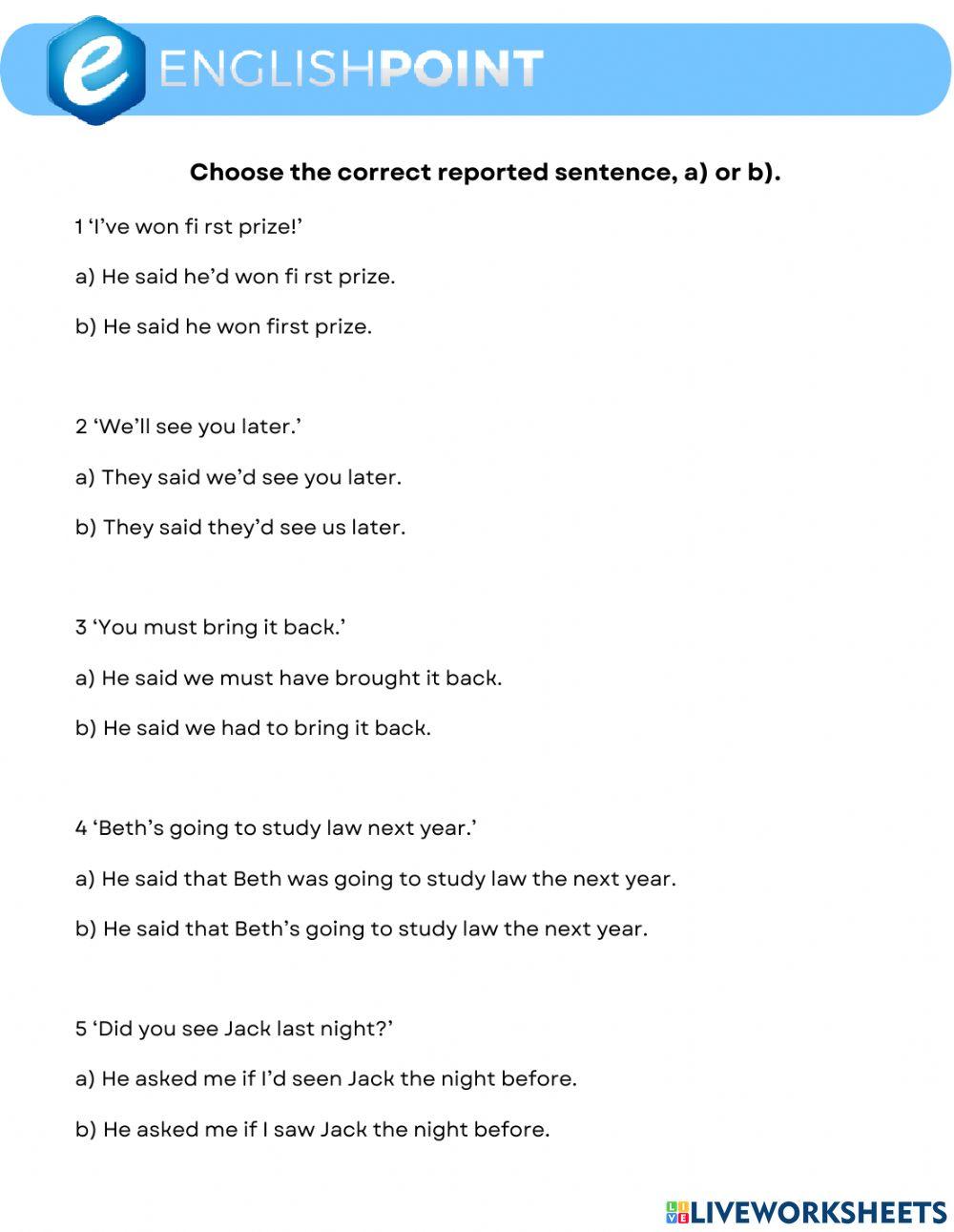 Reported speech mutiple choice