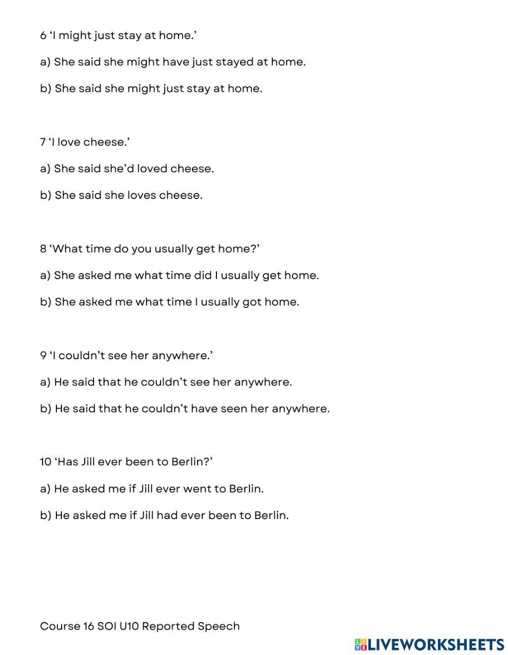 Reported speech mutiple choice