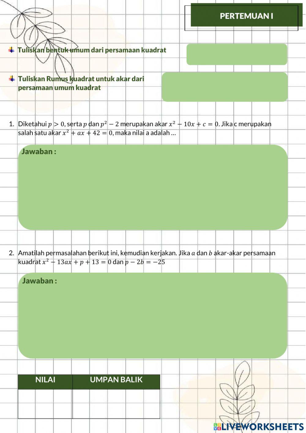 Lembar Kerja Siswa : Persamaan Kuadrat