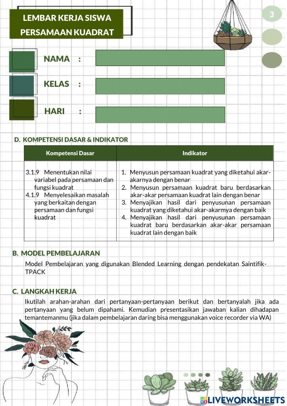 Lembar Kerja Siswa : Persamaan Kuadrat