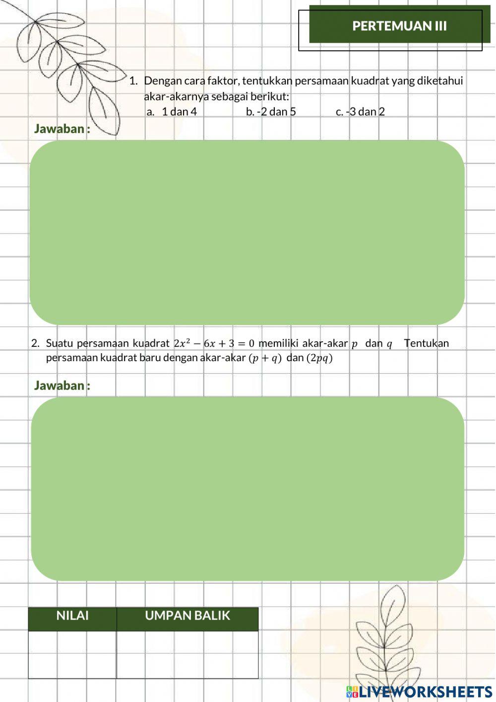 Lembar Kerja Siswa : Persamaan Kuadrat