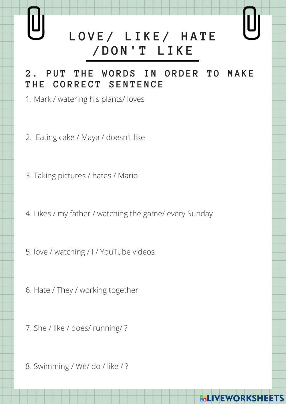 Like, love, hat… | Free Interactive Worksheets | 2006269