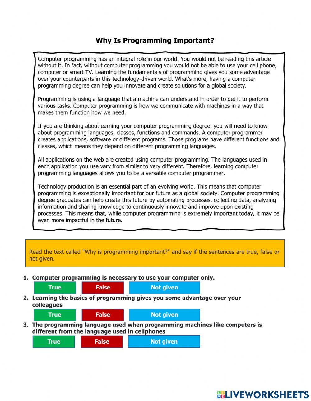 Esp reading why is programming important worksheet live worksheets
