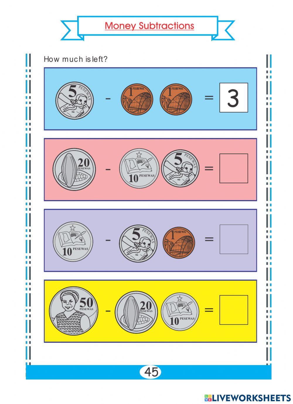 Money Subtraction activity | Live Worksheets