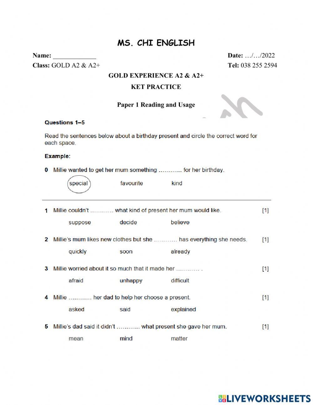 25.04.22- Gold A2, A2+- KET Practice