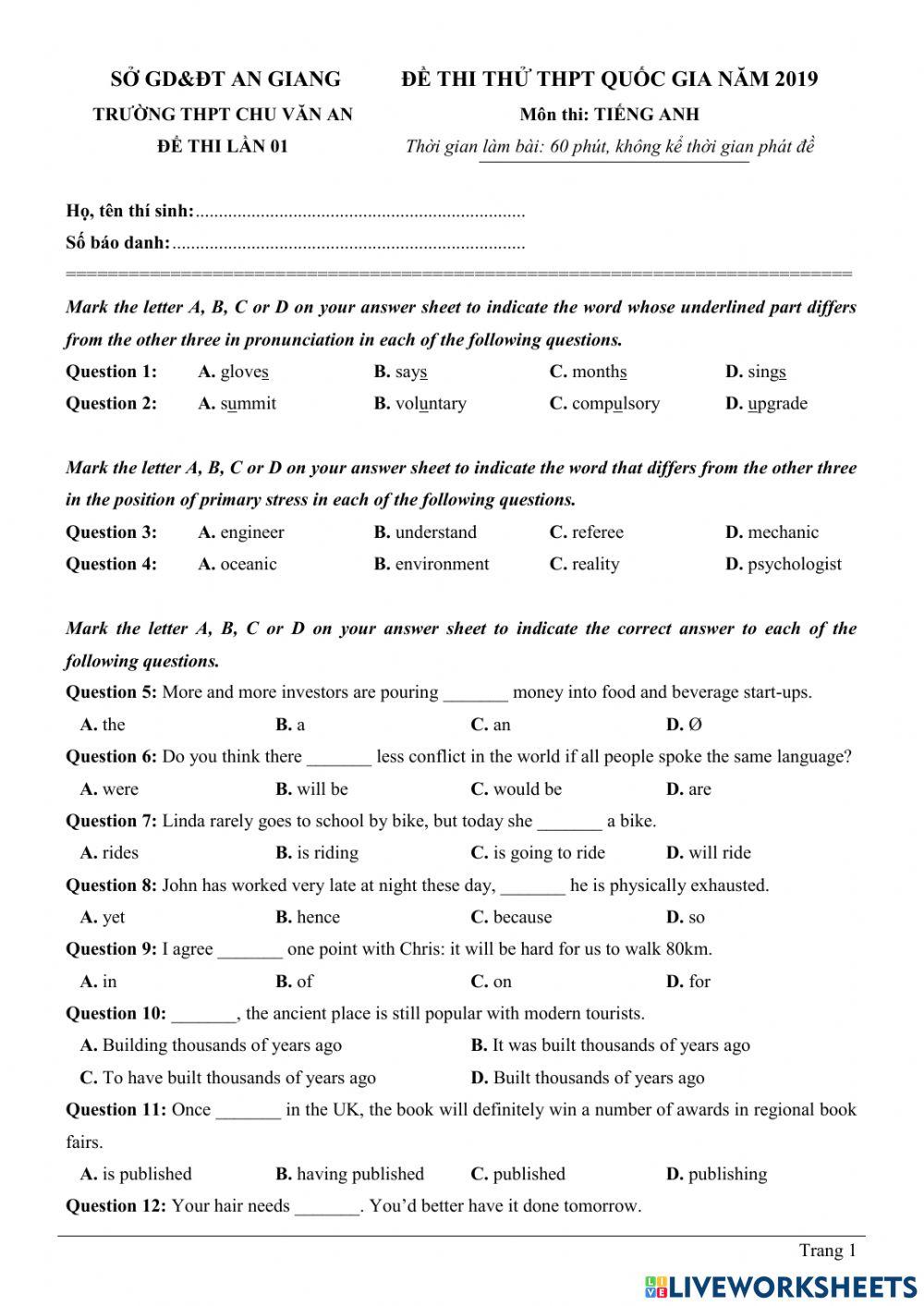 Đề luyện thi THPT - An Giang