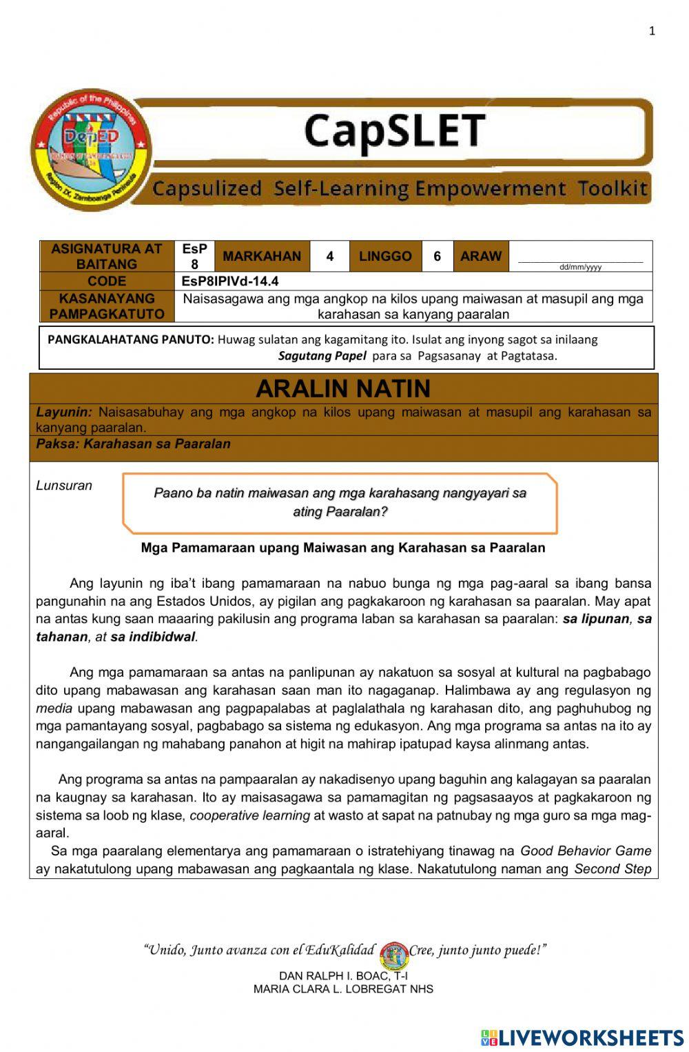 karahasan sa paaralan | annaliza22 | Live Worksheets
