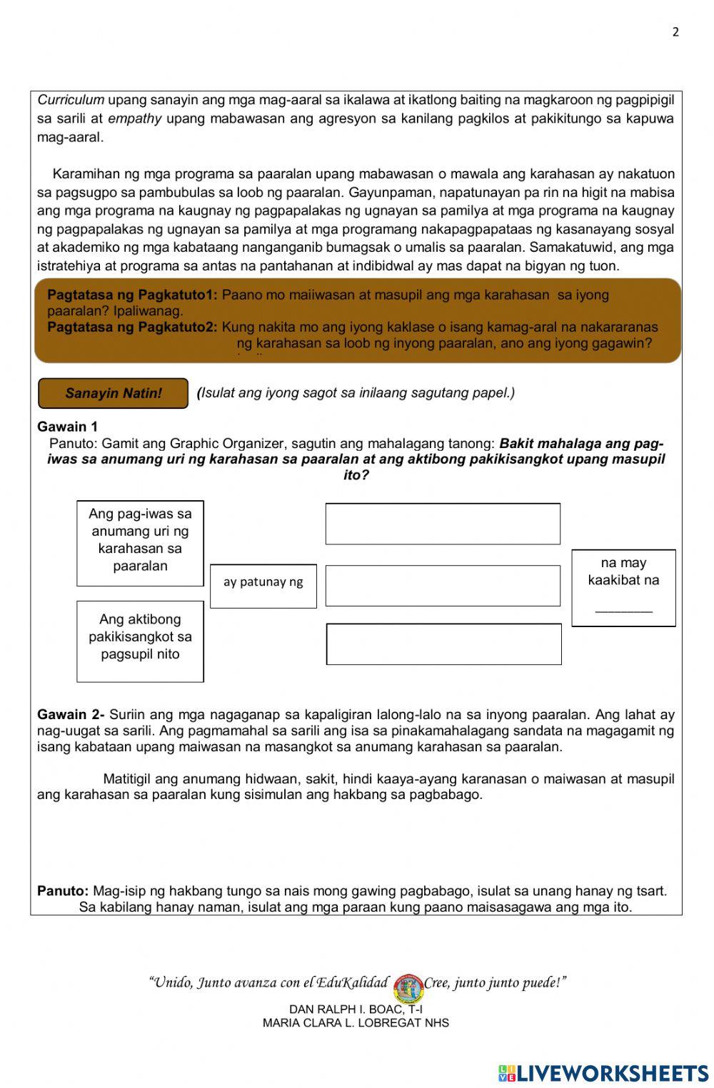 karahasan sa paaralan online exercise for | Live Worksheets