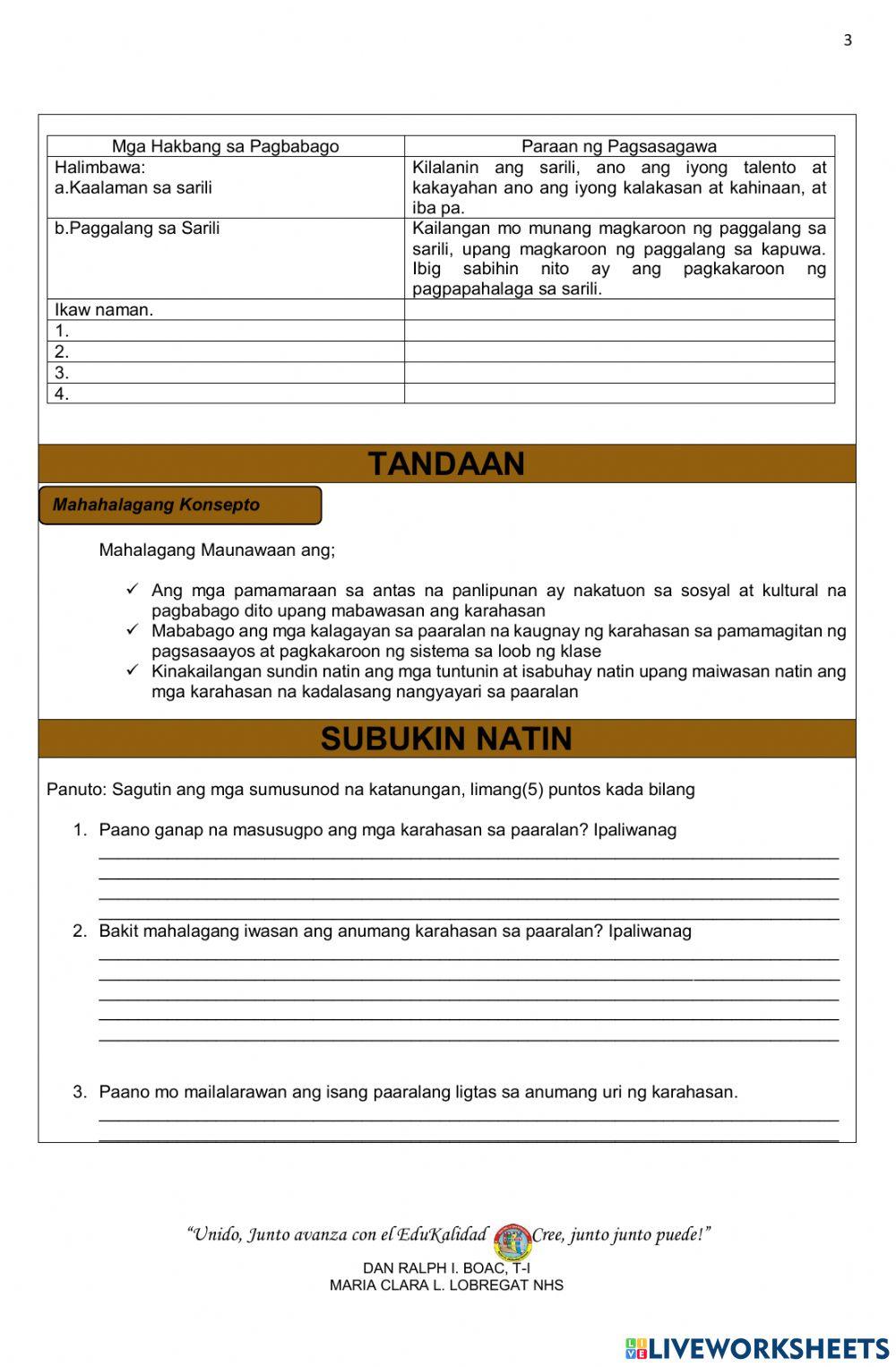 karahasan sa paaralan online exercise for | Live Worksheets