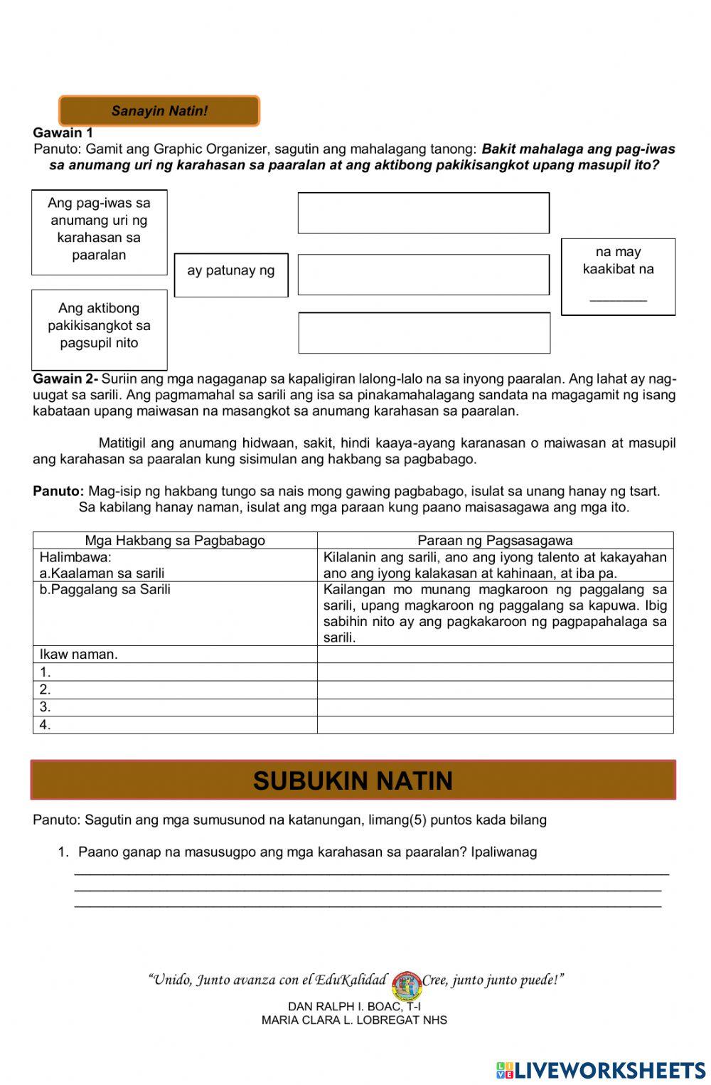 karahasan sa paaralan online exercise for | Live Worksheets
