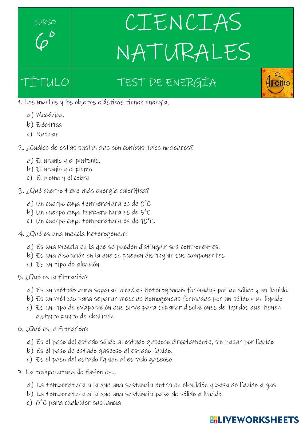 Test sobre la energía y la materia Test sobre la energía y la materia