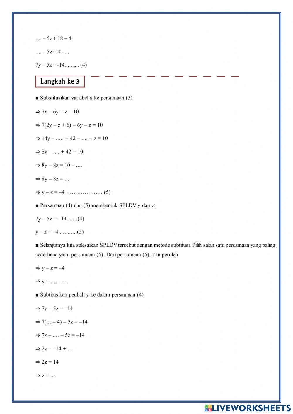 MASALAH 1 Penyelesaian SPLTV dengan Metode Substitusi