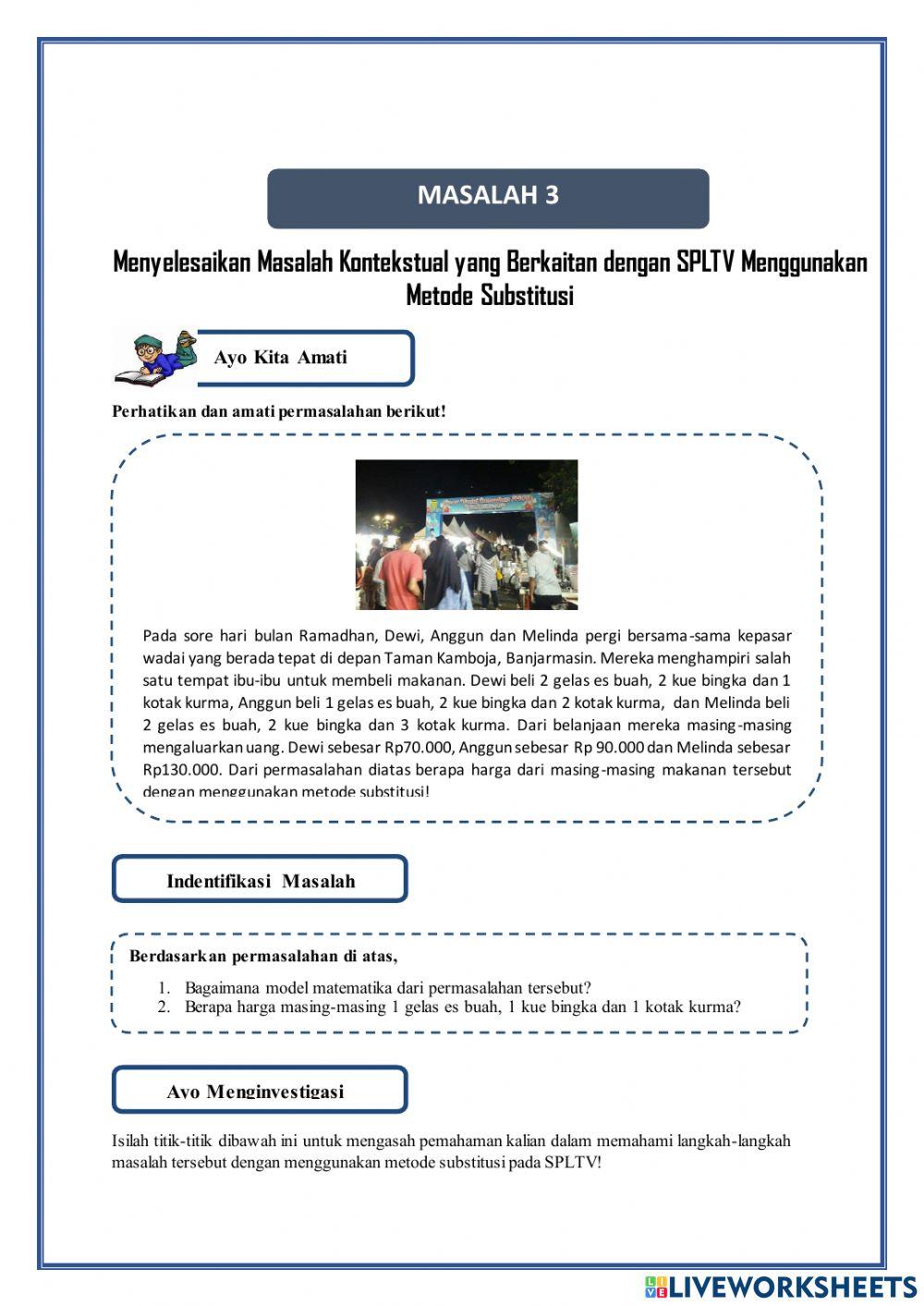 MASALAH 3 Menyelesaikan Masalah Kontekstual SPLTV dengan Metode Substitusi