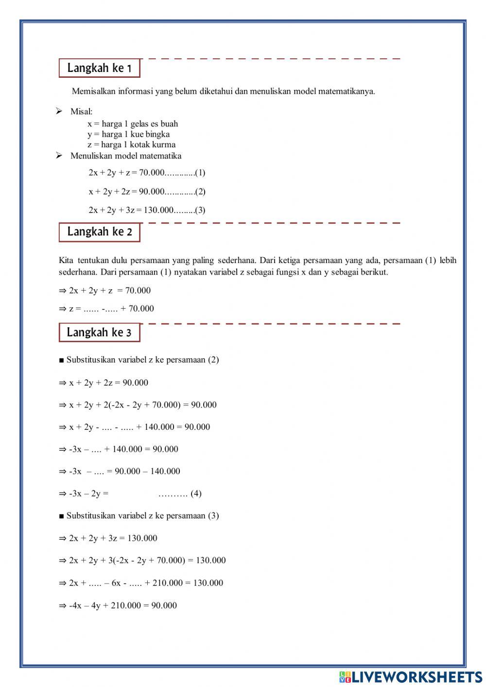 MASALAH 3 Menyelesaikan Masalah Kontekstual SPLTV dengan Metode Substitusi
