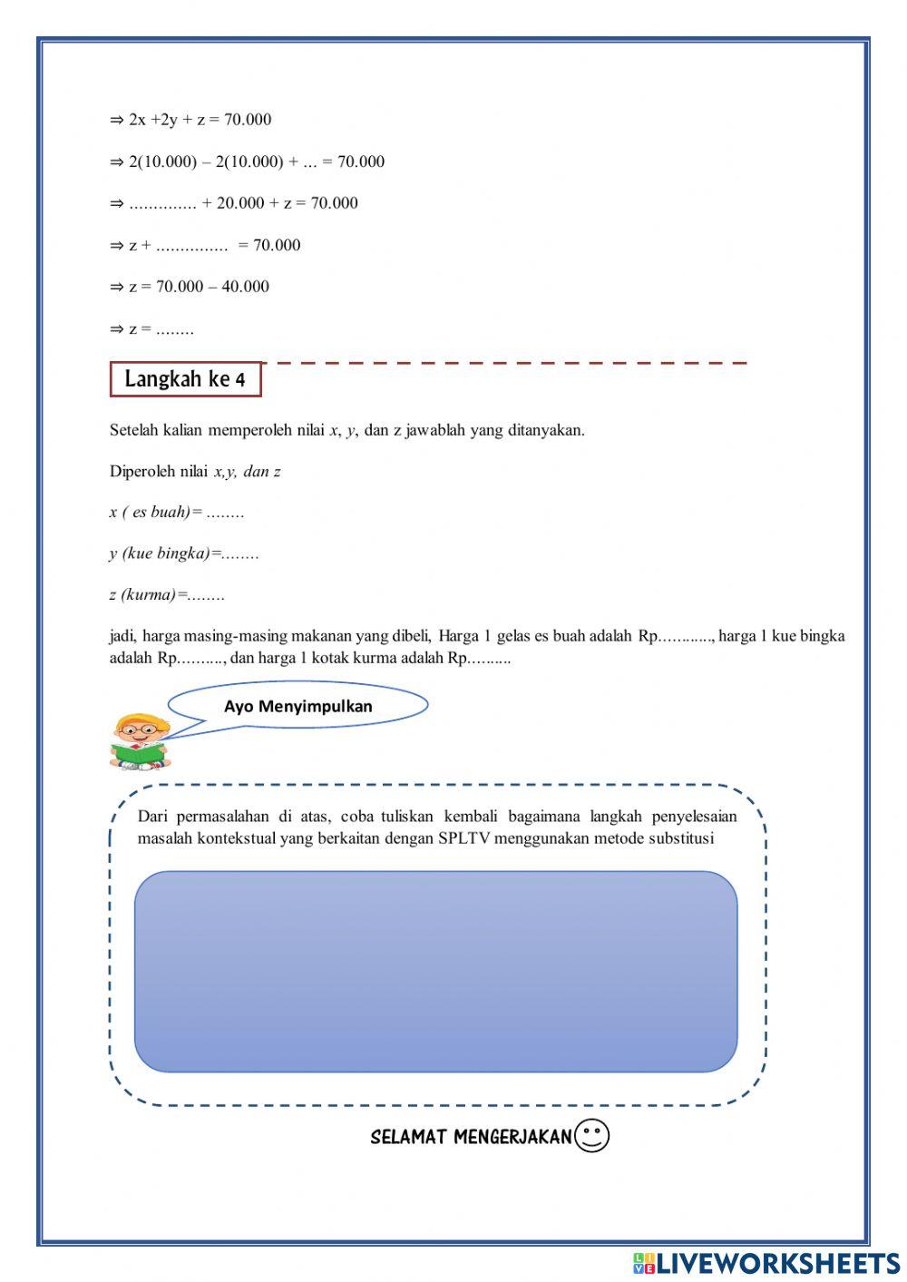MASALAH 3 Menyelesaikan Masalah Kontekstual SPLTV dengan Metode Substitusi