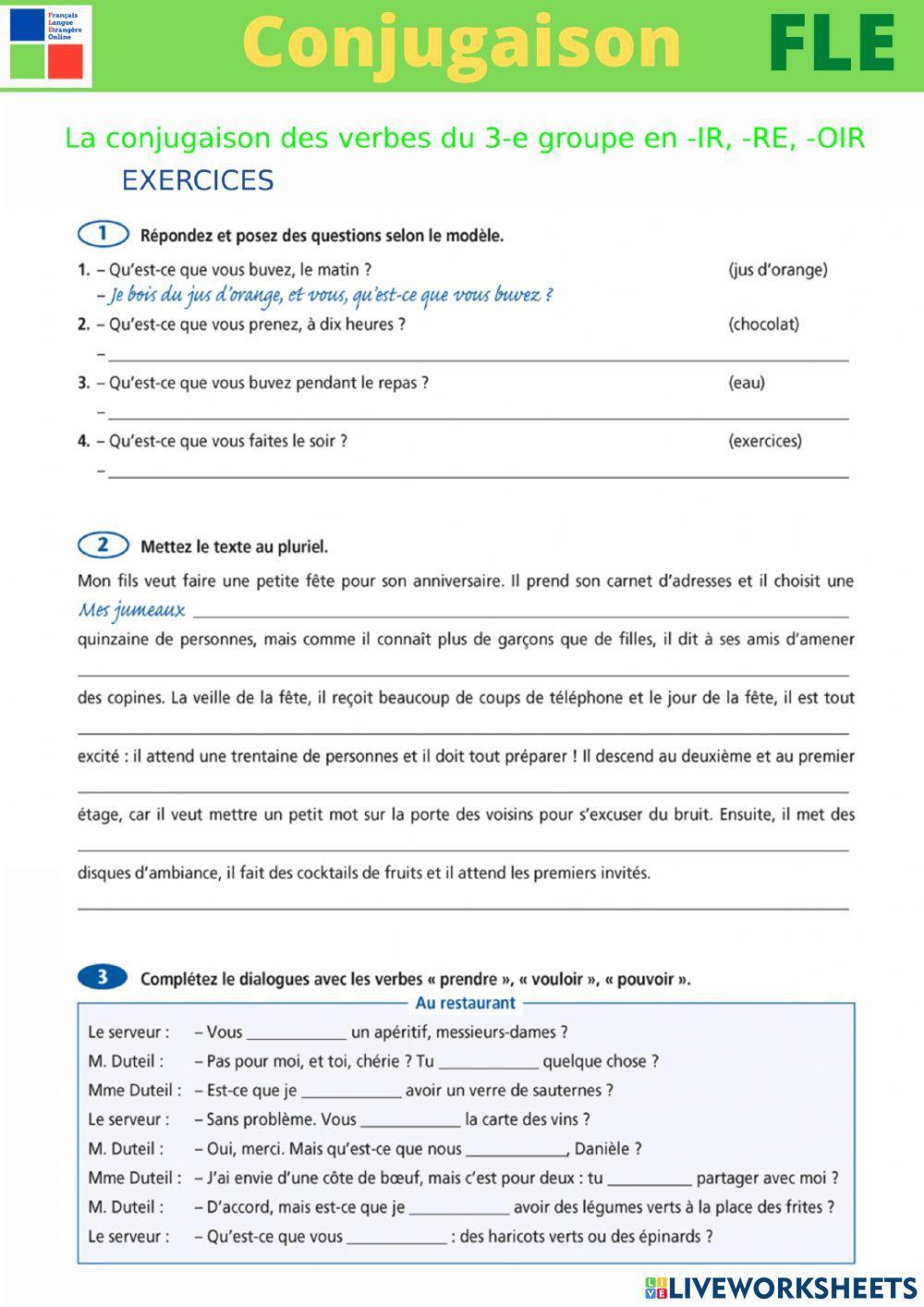 Conjugaison des verbes du 3-e groupe en -IR, - RE, -OIR