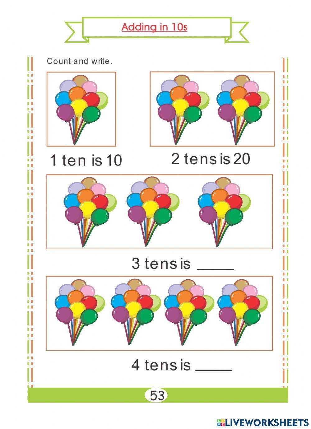Adding in 10s worksheet | Live Worksheets