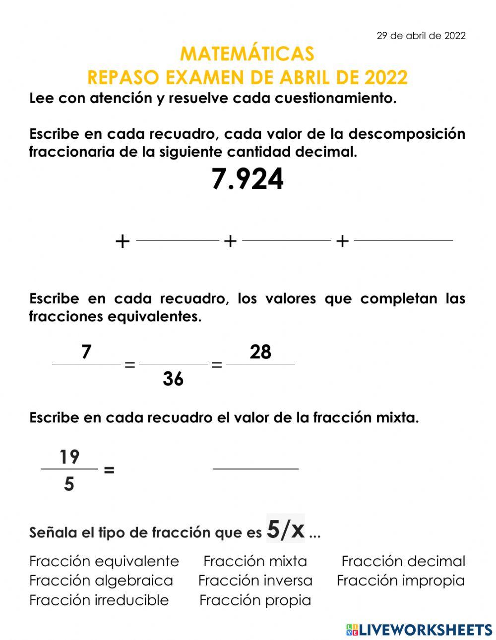 Repaso examen MATEMÁTICAS abril 22