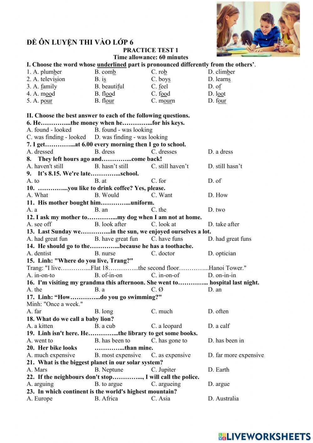 Đề ôn luyện vào 6 practice Test 1