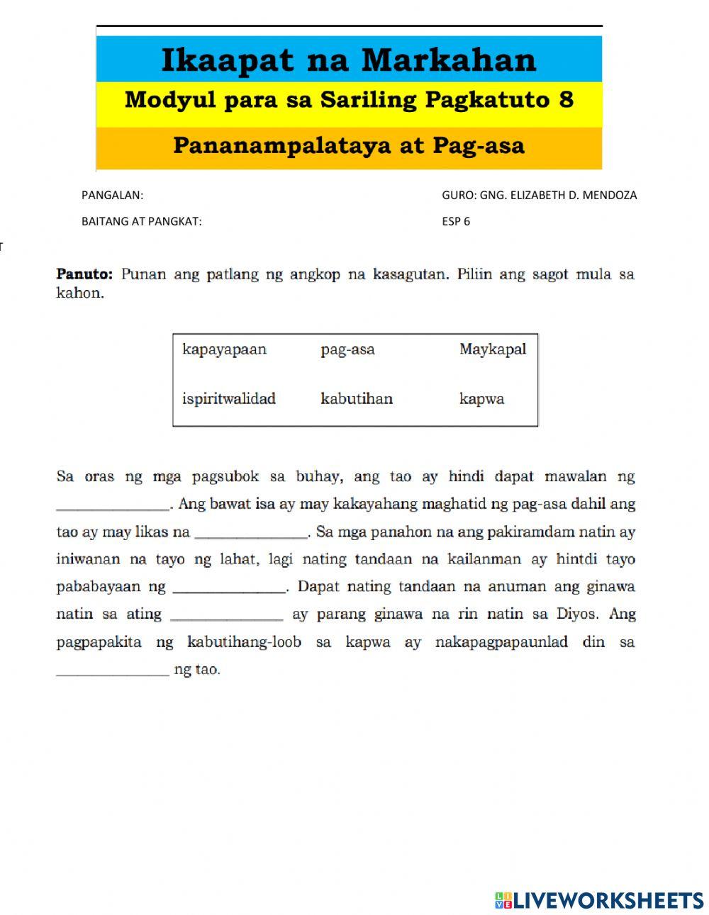 Esp-modyul 8 Pagpapaunlad ng Ispiritwalidad