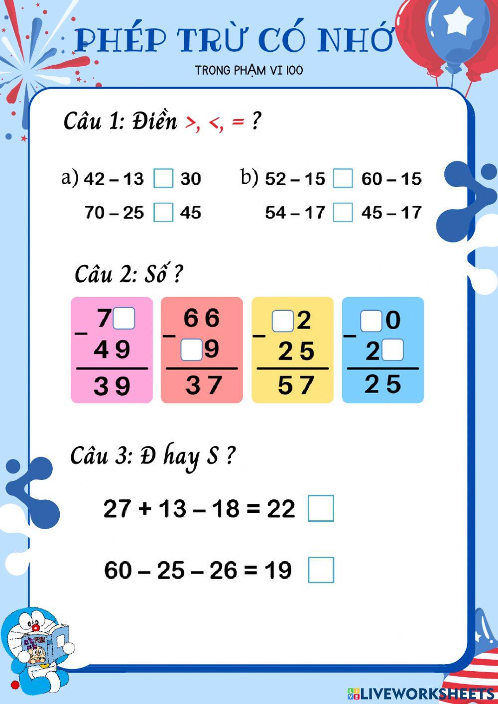 Phép trừ có nhớ trong phạm vi 100