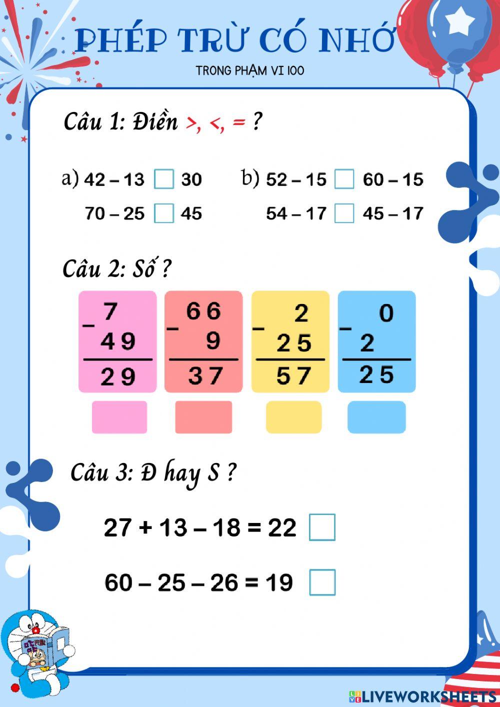 Phép trừ có nhớ trong phạm vi 100