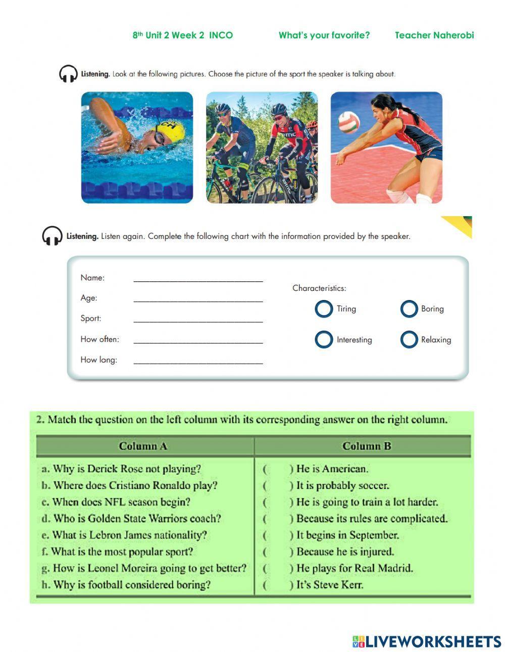 Listening Sports and vocabulary