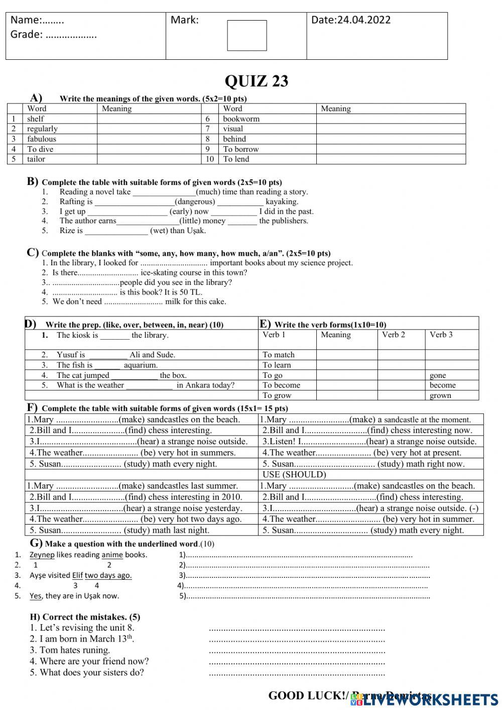 Quiz 23-6th Grade-April